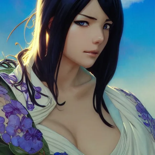 Image similar to highly detailed vfx portrait of nico robin by eiichiro oda, makoto shinkai, alphonse mucha, sharp focus, art by artgerm and greg rutkowski!, backlit, harsh overhead sunlight, blue eyes, stanley kybric, makoto yukimura, takeshi obata, pixiv, fanbox,