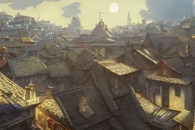 Image similar to a wholesome animation key shot of a city with roofs with tiles, medium shot, studio ghibli, pixar and disney animation, sharp, rendered in unreal engine 5, anime key art by greg rutkowski, bloom, dramatic lighting