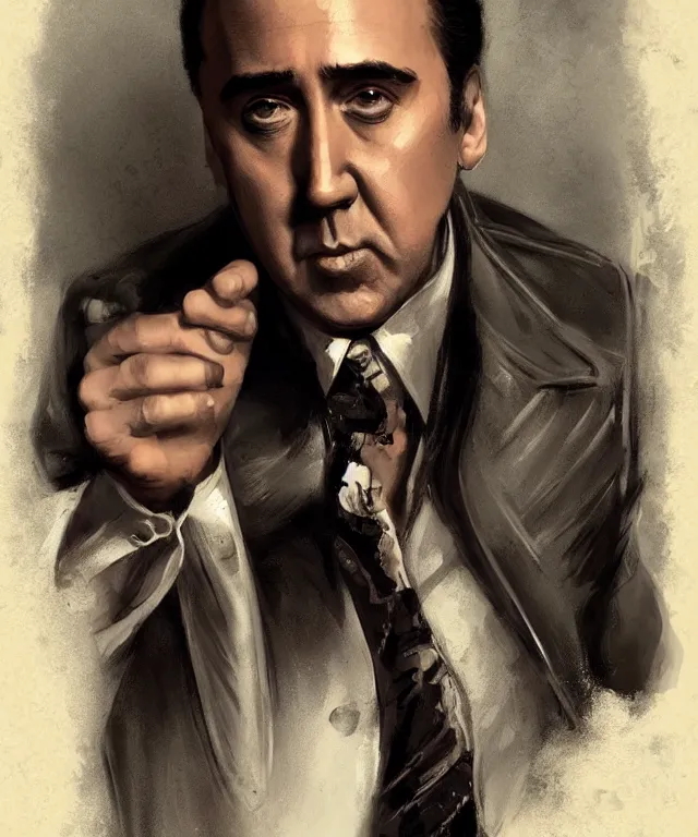 Prompt: Portrait of a Nicolas Cage as a Mafia boss from 1960s, highly detailed, digital painting, artstation, concept art, smooth, sharp focus, illustration by Artgerm and Greg Rutkowski and Tom Bagshaw