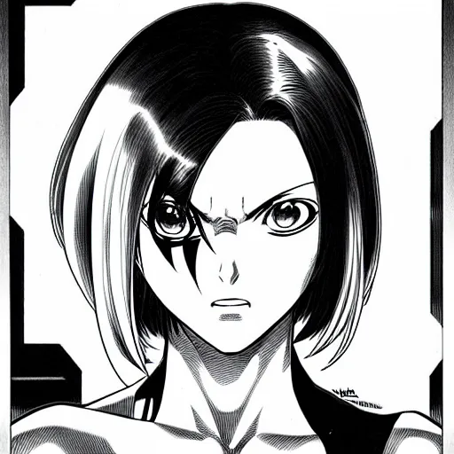 Image similar to alita by yukito kishiro. medium shot. black and white manga. pencil drawing. high detailed face