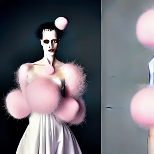 Prompt: portrait of supermodel kristen mcmenamy as an gentle bride of frankenstein with soft pink and white cotton fluffy balls floating in image, fashion photography, highly detailed, digital photography by jheronimus bosch and james jean and james rutkowski, fashion photography, medical stitches around her neck, electricity arcs