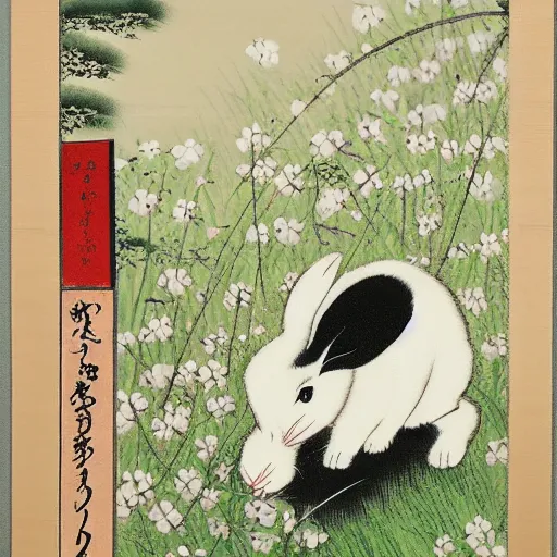 Prompt: a japanese painting of a white rabbit with long hairs in a clover field