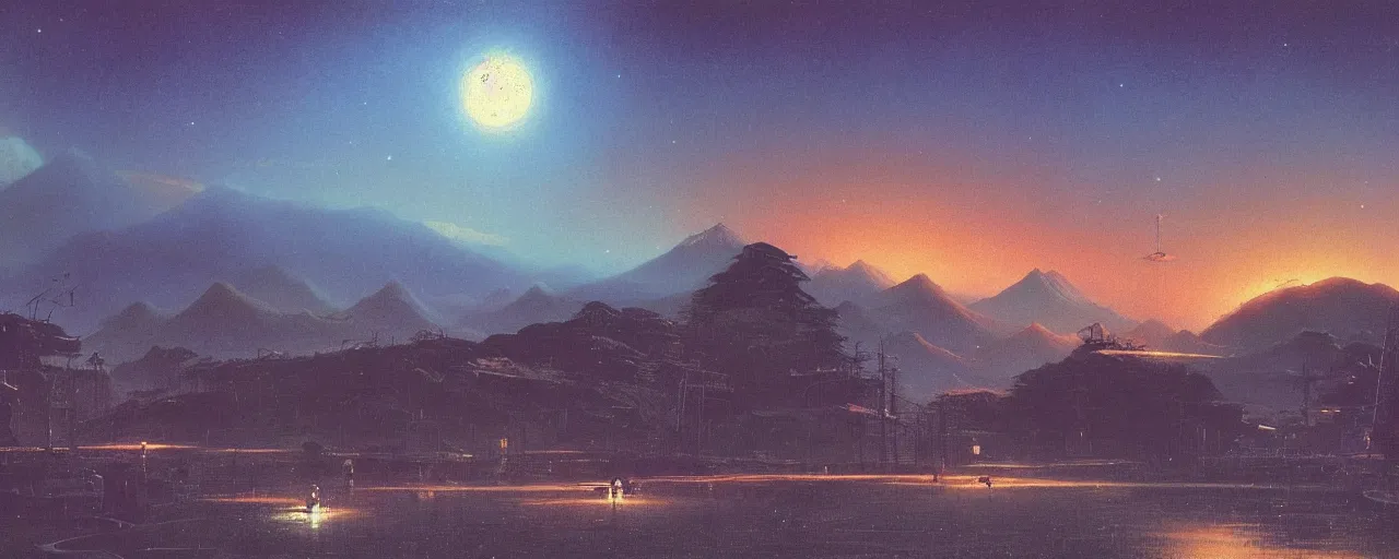 Image similar to awe inspiring bruce pennington landscape, digital art painting of 1 9 6 0 s, japan at night, 4 k, matte, warm, old, perspective