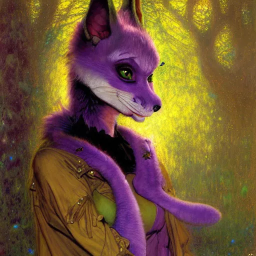 Image similar to a portrait of a female purple reptile in goth clothes at night in a dark forest. zootopia fursona furaffinity furry art detailed face painting by gaston bussiere craig mullins jc leyendecker gustav klimt artgerm greg rutkowski furry