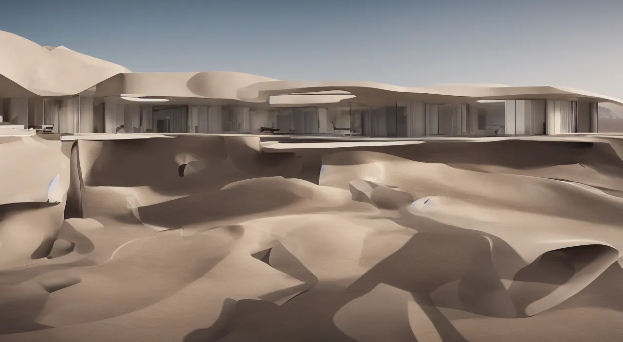 Prompt: a modern house design sitting in the middle of the desert, unreal engine, zaha hadid, tom wright, ludwig mies van der rohe architectural designs, strong colors, octane render, 4 k