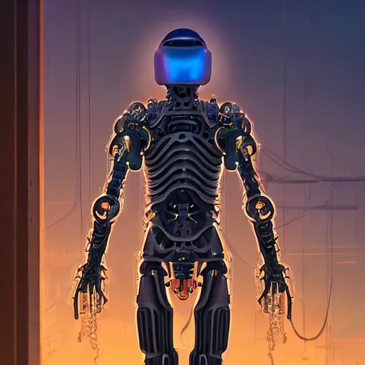 Image similar to ninja cyborg mechanical exoskeleton designed by jony ive, in cybercity, golden hour, poster by michael whelan and gilbert williams and evgeny lushpin and artgerm and alena aenami, 3 0 mm, well proportioned, highly detailed, rule of thirds, long exposure