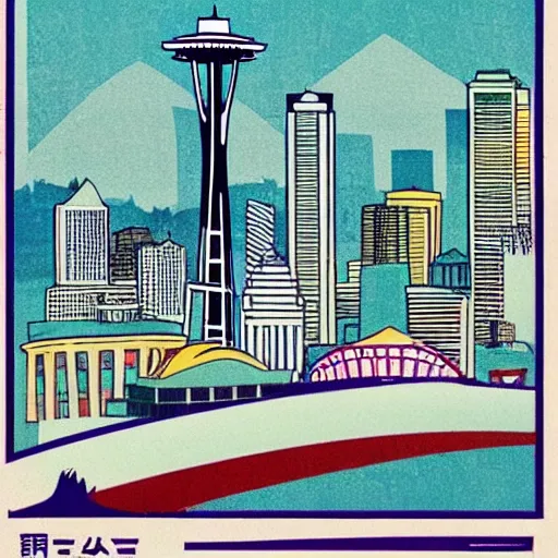 Prompt: Seattle in the style of a vintage Japanese postcard