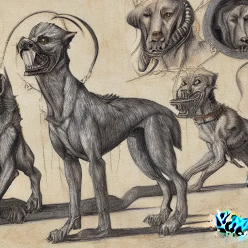 Prompt: detailed painting of a hellhound crew in leonardo davinci style painting