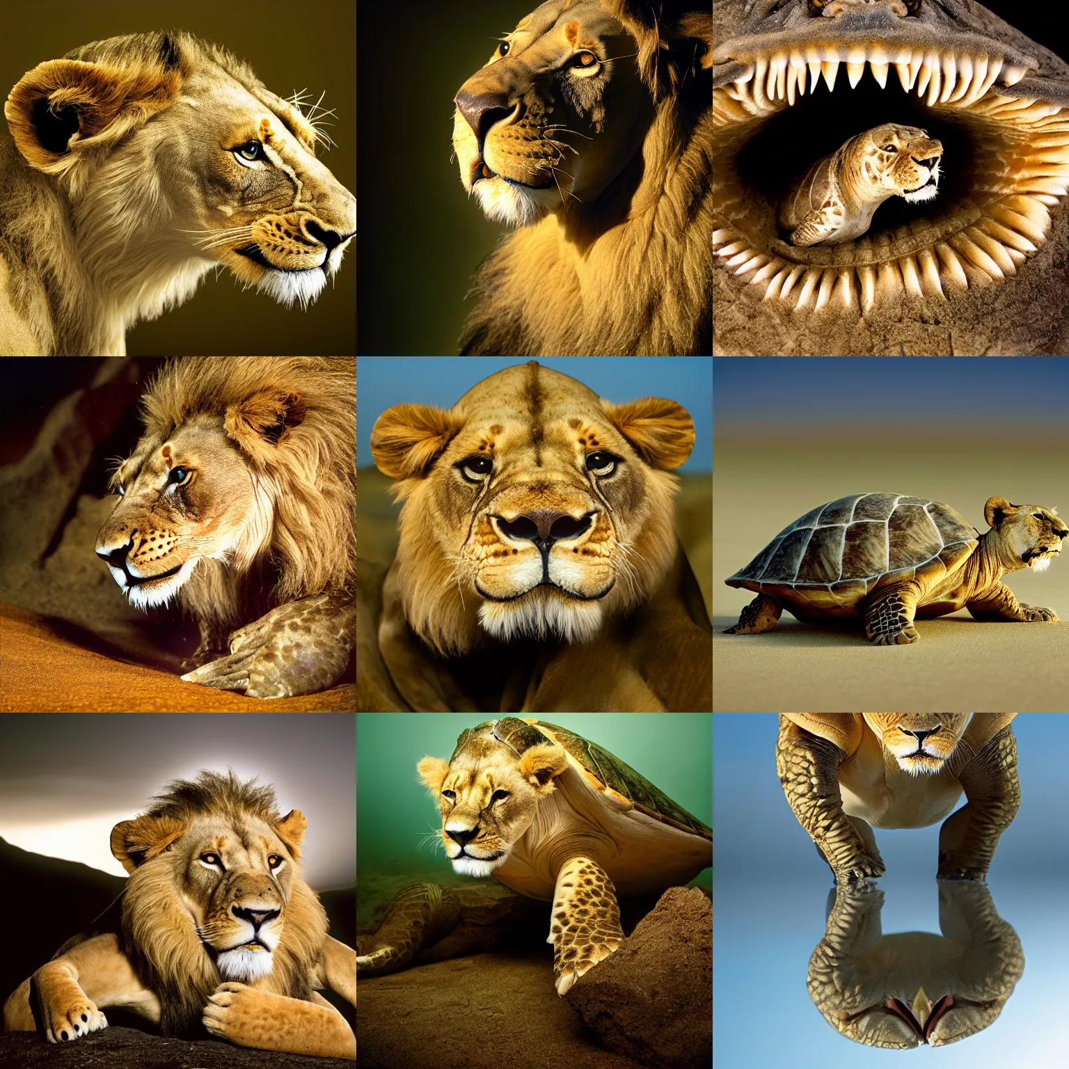 Prompt: award winning wildlife photography, Lion head turtle hybrid, wildlife photography by Paul Nicklen, shot by Joel Sartore, shot by DENNIS STOGSDILL, Skye Meaker, national geographic, perfect lighting