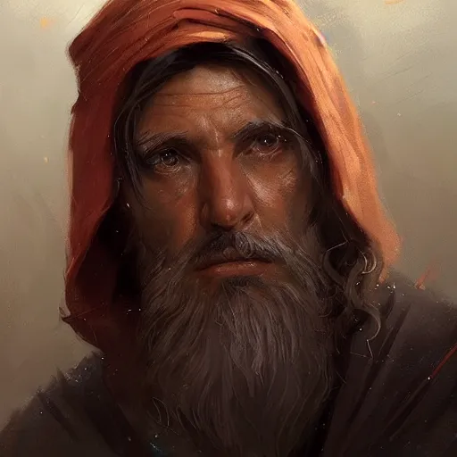 Prompt: portrait of a man by greg rutkowski, jedi master, arabian features, messy long black hair, beard, wearing orange jedi robes, star wars expanded universe, he is about 6 0 years old, highly detailed portrait, digital painting, artstation, concept art, smooth, sharp foccus ilustration, artstation hq