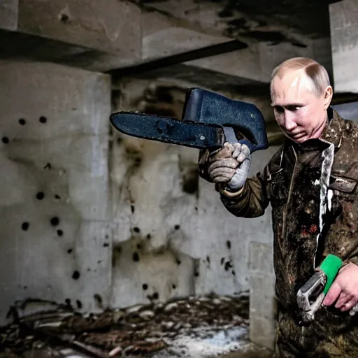 Image similar to putin with a chainsaw. in a concrete bunker with a pile of corpses. focus on putins face with blood splatters. canon eos r 3, f / 1. 4, iso 1 6 0 0, 1 / 8 0 s, 8 k, raw, grainy