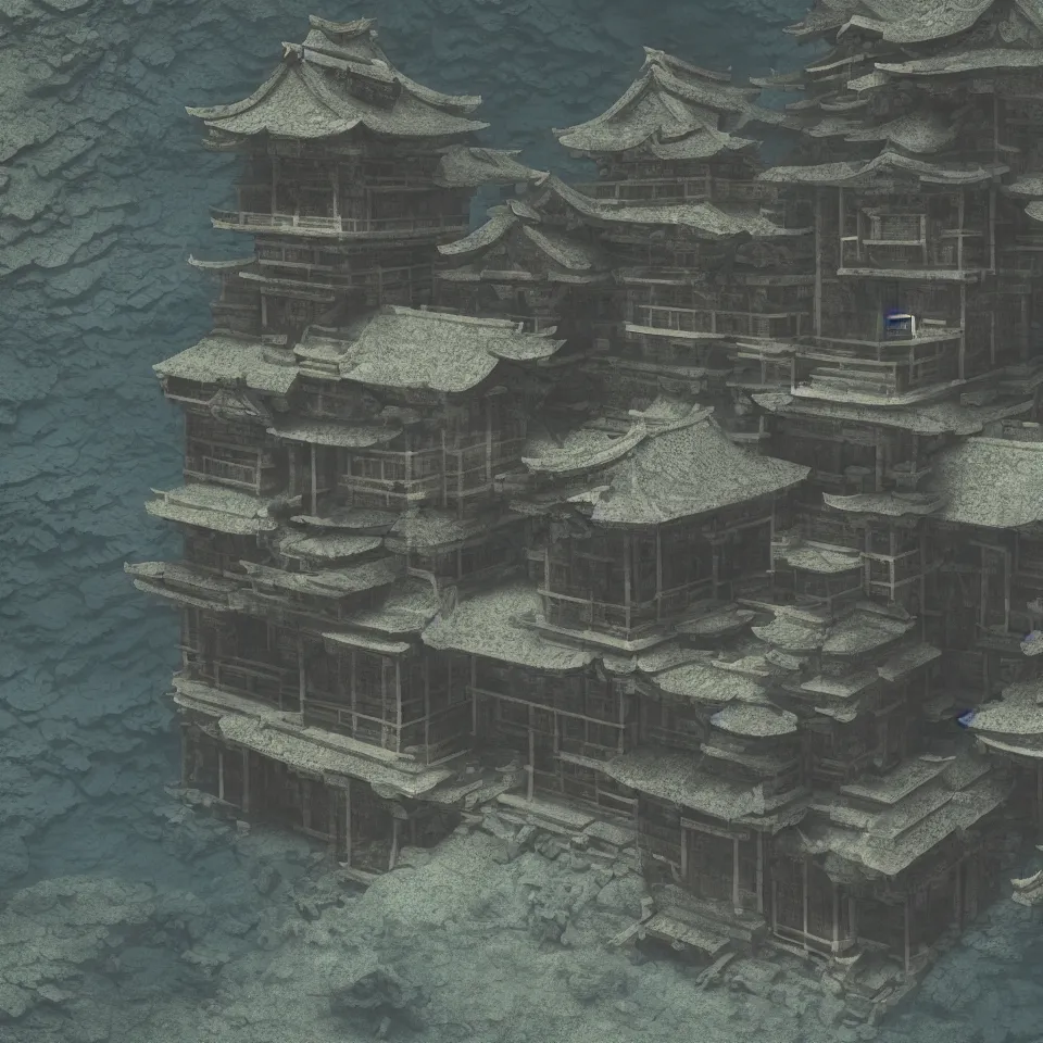 Image similar to An ancient Japanese architectural building under the sea, 8k, very high detailed, cinematic, octane render, intricate