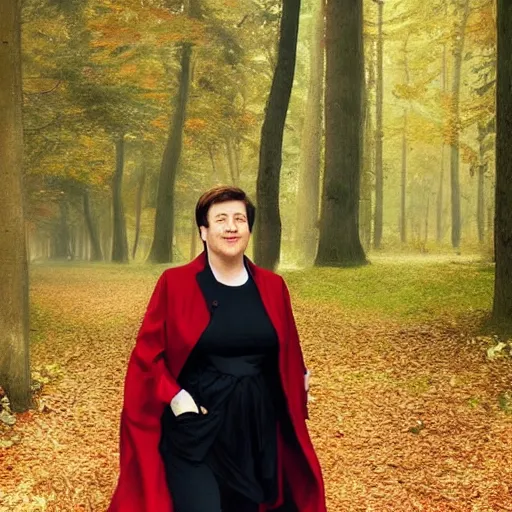 Prompt: supreme court justice elena kagan going for a walk in the woods, realistic face, digital art by ruan jia and mandy jurgens and artgerm, highly detailed, trending on artstation, award winning