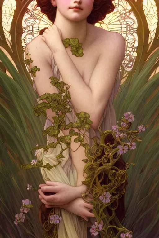 Image similar to portrait of a transcendental young fairy princess, d & d, fantasy, intricate, elegant, highly detailed, digital painting, artstation, concept art, smooth, sharp focus, illustration, art by artgerm and greg rutkowski, maxfield parrish and alphonse mucha, new art nouveau, tarot card