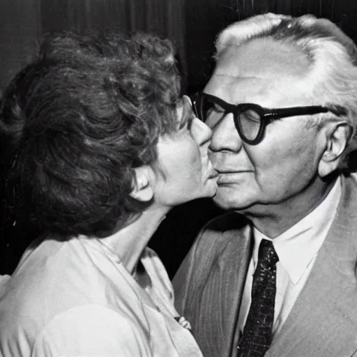 Prompt: Leonid Brezhnev and Erich Honecker. A hot kiss. Social realism.