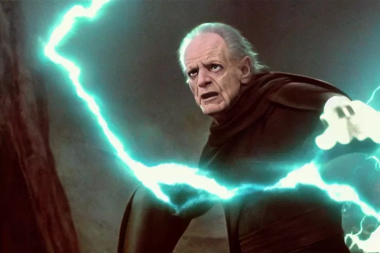 Prompt: (a cinematic still from return of the jedi!!), palpatine force lightning