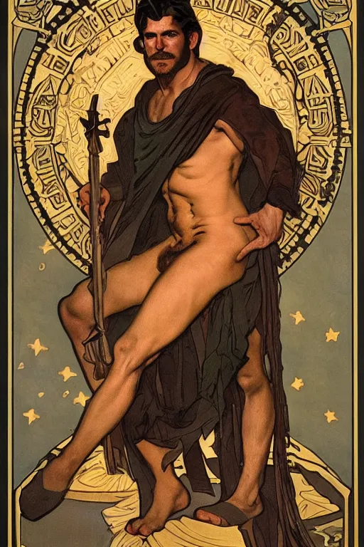 Prompt: a beautiful dramatic tarot card of a shirtless rugged handsome cowboy, dad bod, homoerotic, art deco, art nouveau, by mark maggiori, ( ( ( ( ( by alphonse mucha ) ) ) ) ), by bill ward, trending on artstation