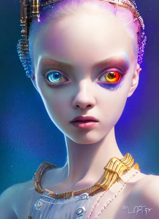 Image similar to pixar portrait 8 k photo, beautiful shiny white rich galactic prima ballerina clowncore russian cyborg college girl, golden ratio details, sci - fi, fantasy, cyberpunk, intricate, decadent, highly detailed, digital painting, ever after high, octane render, artstation, concept art, smooth, sharp focus, illustration, art by artgerm, loish, wlop