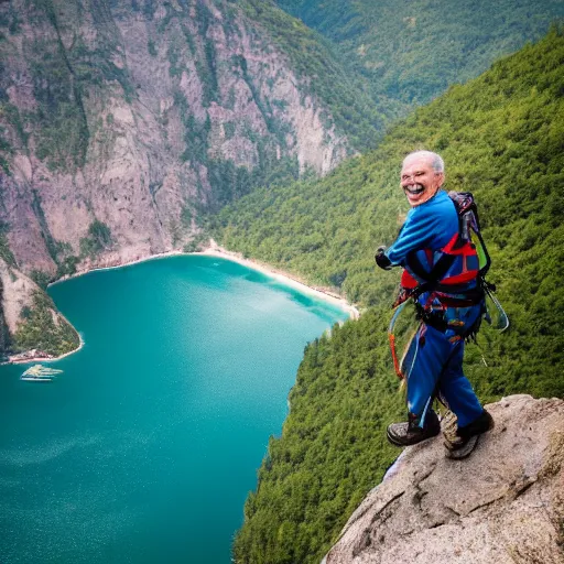 Prompt: elderly man base jumping from a cliff, smiling, happy, cliff, base jumping, parachute, nature, canon eos r 3, f / 1. 4, iso 2 0 0, 1 / 1 6 0 s, 8 k, raw, unedited, symmetrical balance, wide angle