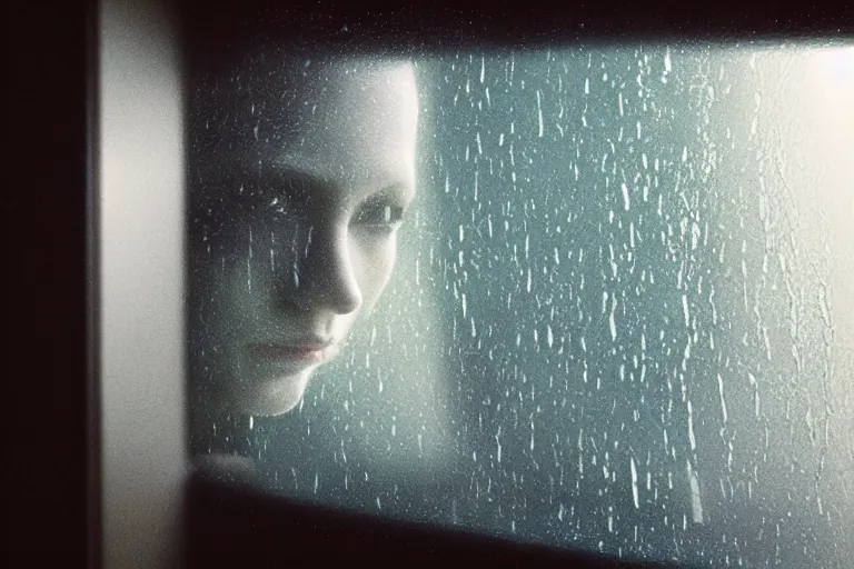Image similar to a cinematic painting of an alien inside of spaceship looking out of a small rainy window, beautiful lighting, high depth, ultra realistic, artistic, by annie leibovitz and zack snyder