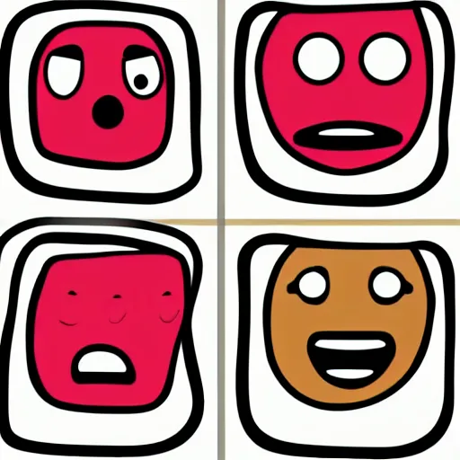 Image similar to a set of 2 x 2 emoji icons with happy, angry, surprised and sobbing faces. the emoji icons look like watermelon