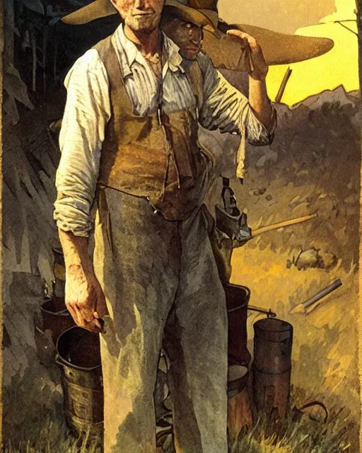 Image similar to medium shot portrait of an Appalachian bootlegger with detailed features and a moonshining still in the background, moonshine jars, dirt, Appalachian mountains, sharp focus, illustration, highly detailed, oil painting, matte, art by Greg Rutkowski and Alphonse Mucha, masterpiece