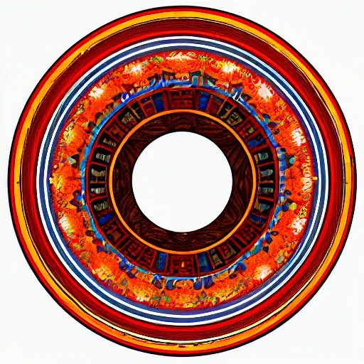 Image similar to a circular pattern of red yellow and grey - blue eye shapes, intricate, made of wood