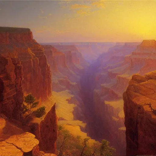 Image similar to a beautiful ultra - detailed realistic oil painting of the grand canyon by albert bierstadt, emanuel leutze, and george caleb bingham. wallpaper 4 k. sunset. no people