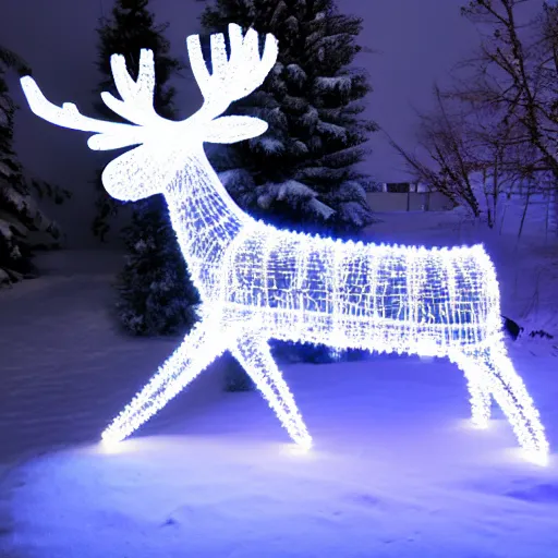 Image similar to Elegant Moose sculpture made of pure white Christmas lights, 4k, sigma 35mm