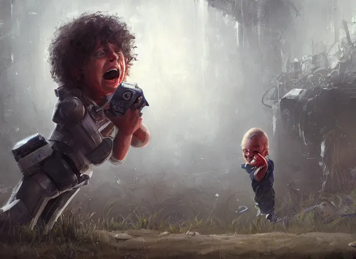 Image similar to A child hiding from an AI-driven robot, screaming at the camera, epic science fiction horror, concept art oil painting by Jama Jurabaev, extremely detailed, brush hard, artstation, for AAA game, high quality