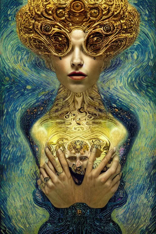 Prompt: Intermittent Chance of Chaos Muse by Karol Bak, Jean Deville, Gustav Klimt, and Vincent Van Gogh, enigma, fate, otherworldly, fractal structures, arcane, prophecy, ornate gilded medieval icon, third eye, spirals