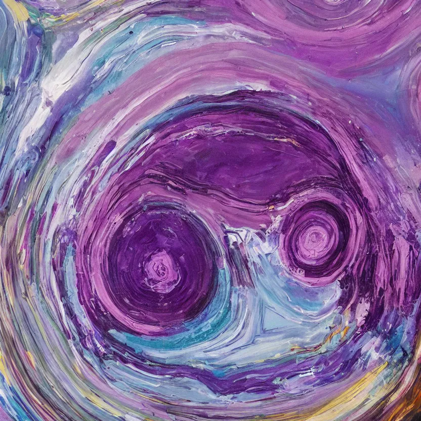 Prompt: abstract multiple layers of purple and blue shades paint dripping and running in a circular pattern, oil on canvas, detailed