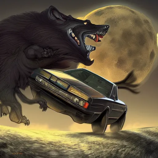 Prompt: werewolf driving a car, crashing it, artstation, Michael Whelan, digital art, felix Kelly, 8k photography