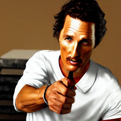 Image similar to matthew mcconaughey as a GTA style character on a loading screen, 4k, high detail, high-resolution photograph, professional photography, ultra-detail