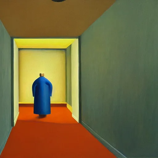 Image similar to sci - fi space ship rounded corridor, grant wood, pj crook, edward hopper, oil on canvas