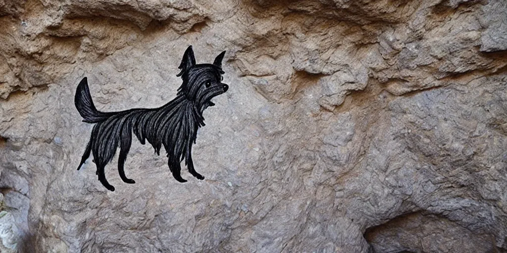 Image similar to A Yorkshire Terrier roughly sketched on the wall of a cave, a petrogliph, stone art by Pueblan peoples, stone art