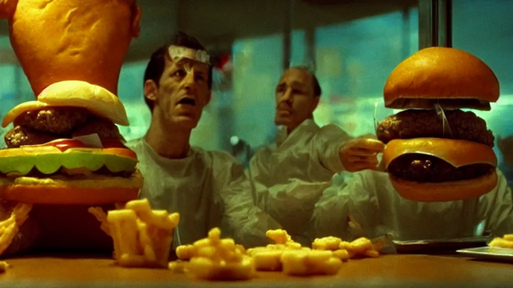 Prompt: the cheeseburger creature at the fast food restaurant, film still from the movie directed by denis villeneuve and david cronenberg with art direction by salvador dali and zdzisław beksinski, wide lens