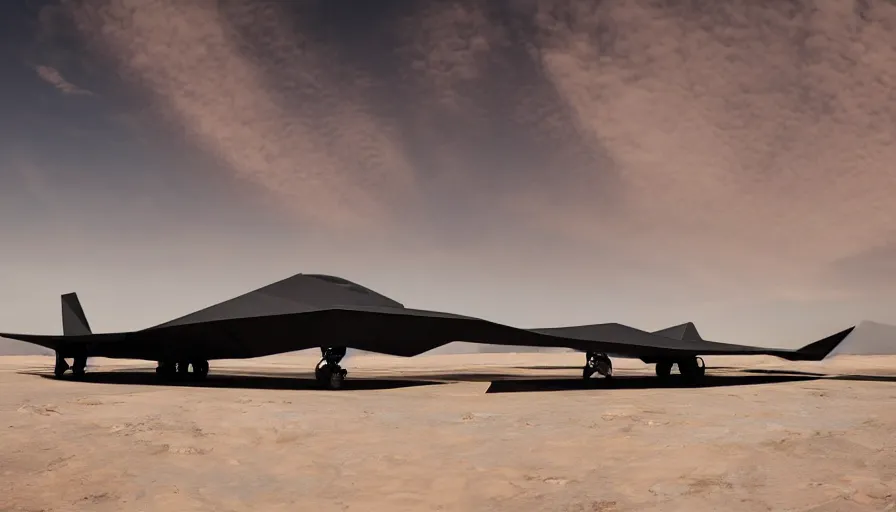 Prompt: professional photograph of a inflatable stealth fighter with very futuristic windows designed by Buckminster Fuller in a picturesque desert on Jupiter. Astronauts are standing near it, racking focus, depth of field, extreme panoramic, Dynamic Range, HDR, chromatic aberration, Orton effect intricate, elegant, highly detailed, artstation