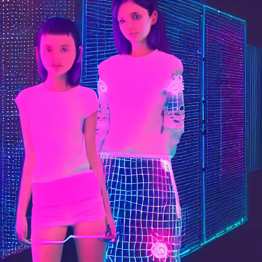 Prompt: very symmetrical fruits magazine steetwear photo of cute cool fashion worn by teens teens in the far future with glowing led lights, futuristic!!! haute couture fashion!!!!, nanotechnology cybernetics!!! solar power prosthetic, illustration style of ai yazawa