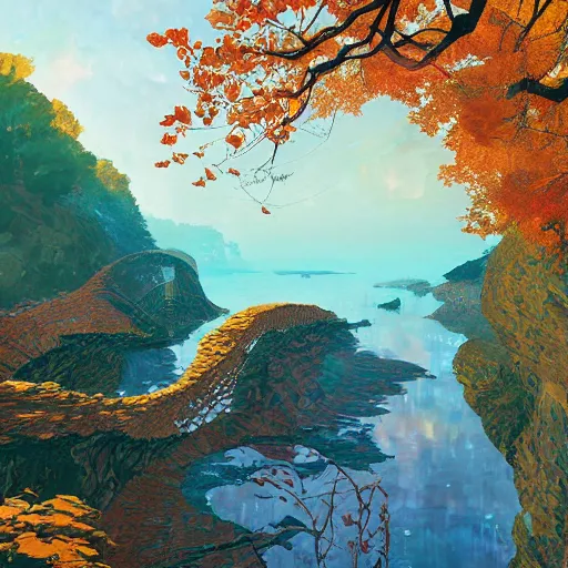 Image similar to river cliff autumn cryengine render detailed digital art art nouveau hyper realism by victo ngai, m. c. escher, greg rutkowski, leonid afremov, moebius, john stephens, tim white, frank gehry