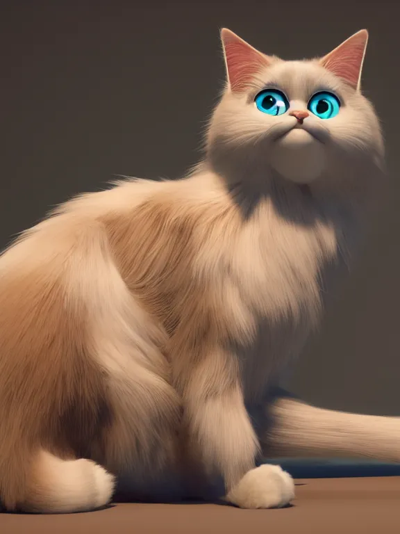 Image similar to A cartoon Ragdoll cat,pixar animation,hyper detailed, studio lighting, artstation, octane renderer, unreal engine, lovely, beauty