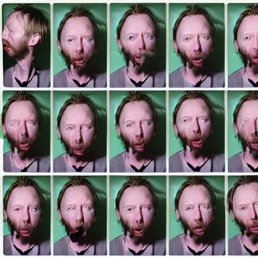 Image similar to photobooth of random thom yorke versions, hyper realistic, many very random variations of thom yorke, various emotions, various poses, high quality photographs, mixed styles, intricate details, diverse