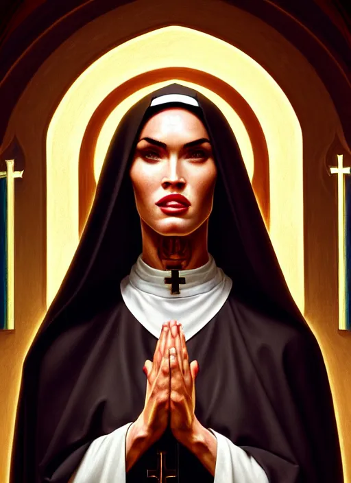 Image similar to portrait of megan fox as a nun praying, catholic, church, bible, christian, intricate, headshot, highly detailed, digital painting, artstation, concept art, sharp focus, cinematic lighting, illustration, art by artgerm and greg rutkowski, alphonse mucha, cgsociety