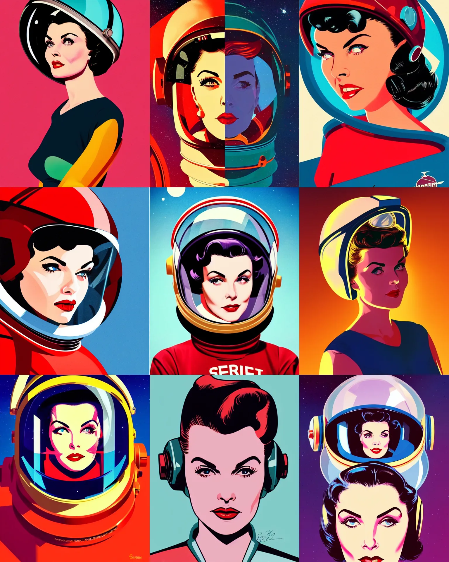 Prompt: sherilyn fenn 2 6 years old astronaut, retro space helmet, forbidden planet 1 9 5 6, retro futurism 1 9 5 0 s, half portrait by stanley artgerm, dramatic lighting, ilya kuvshinov, trending on artstation, flat colour, geometric curves, gradient filter, pleasing tone colours