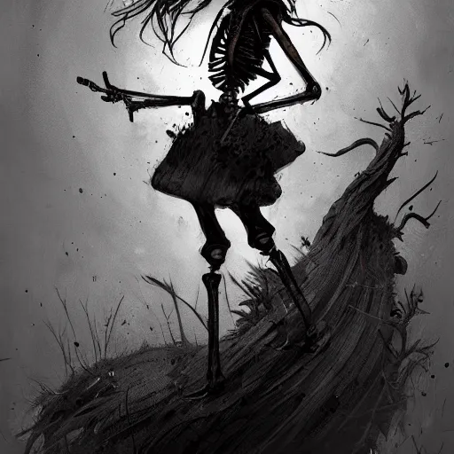 Prompt: skeleton girl, horror, grunge, loony toons style, cartoon sketch illustrated by Greg Rutkowski and Caspar David Friedrich., Trending on artstation, artstationHD, artstationHQ, 4k, 8k