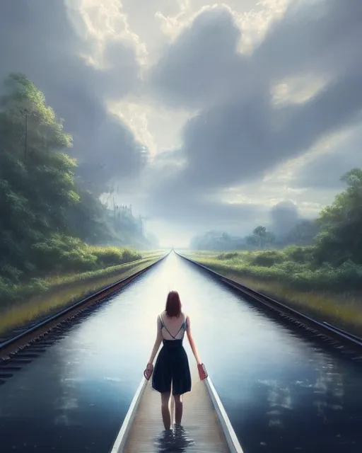 Prompt: photo of girl walking along submerged train tracks reflective water toward a station in the distance, wide horizon, large white clouds, intricate, elegant, highly detailed, digital painting, artstation, concept art, smooth, sharp focus, illustration, art by artgerm and greg rutkowski and fra angelico