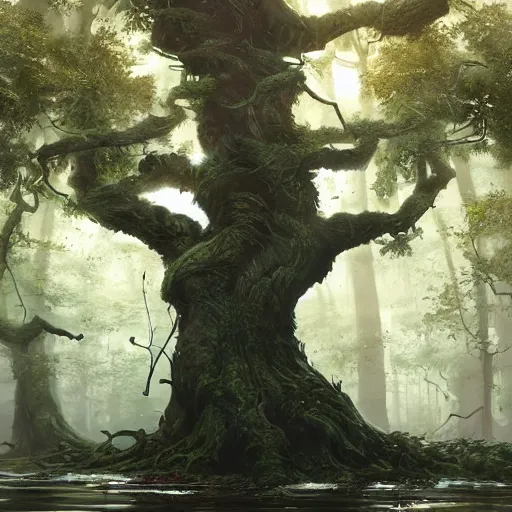 Image similar to 🍺💪🚶‍♂️🌳 a beautiful living tree in the middle of a swamp, digital Art, Greg rutkowski, Trending artstation, cinematic