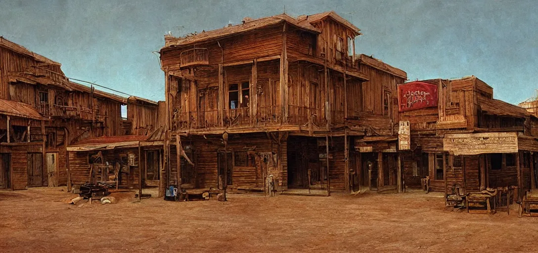 Image similar to from a movie scene, painting of a beksinski western saloon exterior in old town, gregory crewdson, cinematic wide shot