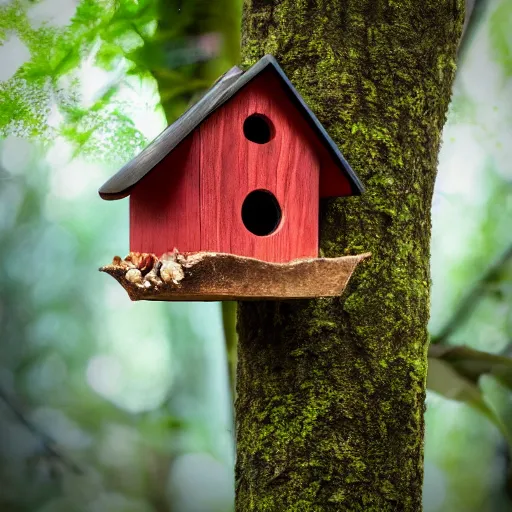 Image similar to wooden birdhouse in a tree in the rain forest, mushrooms and leaves on the birdhouse, backlit, realistic, beautiful lighting