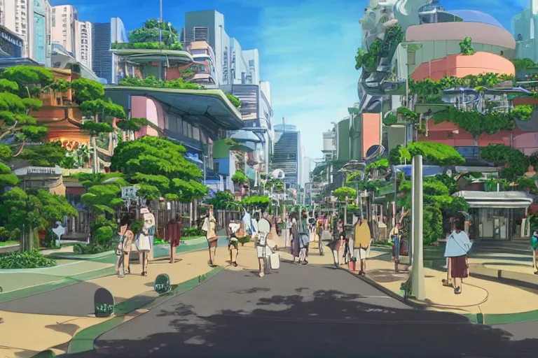 Image similar to an optimistic futuristic west australian city street with a pop cannabis leaf motif, by studio ghibli